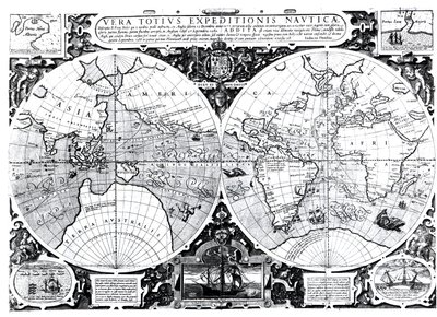 Carte du monde; Vera Totius Expeditionis Nauticae, cartographiant la circumnavigation du globe par (à gauche) Sir Francis Drake (1540-96) et (à droite) Thomas Cavendish (1560-92) c.1595 - Jodocus Hondius